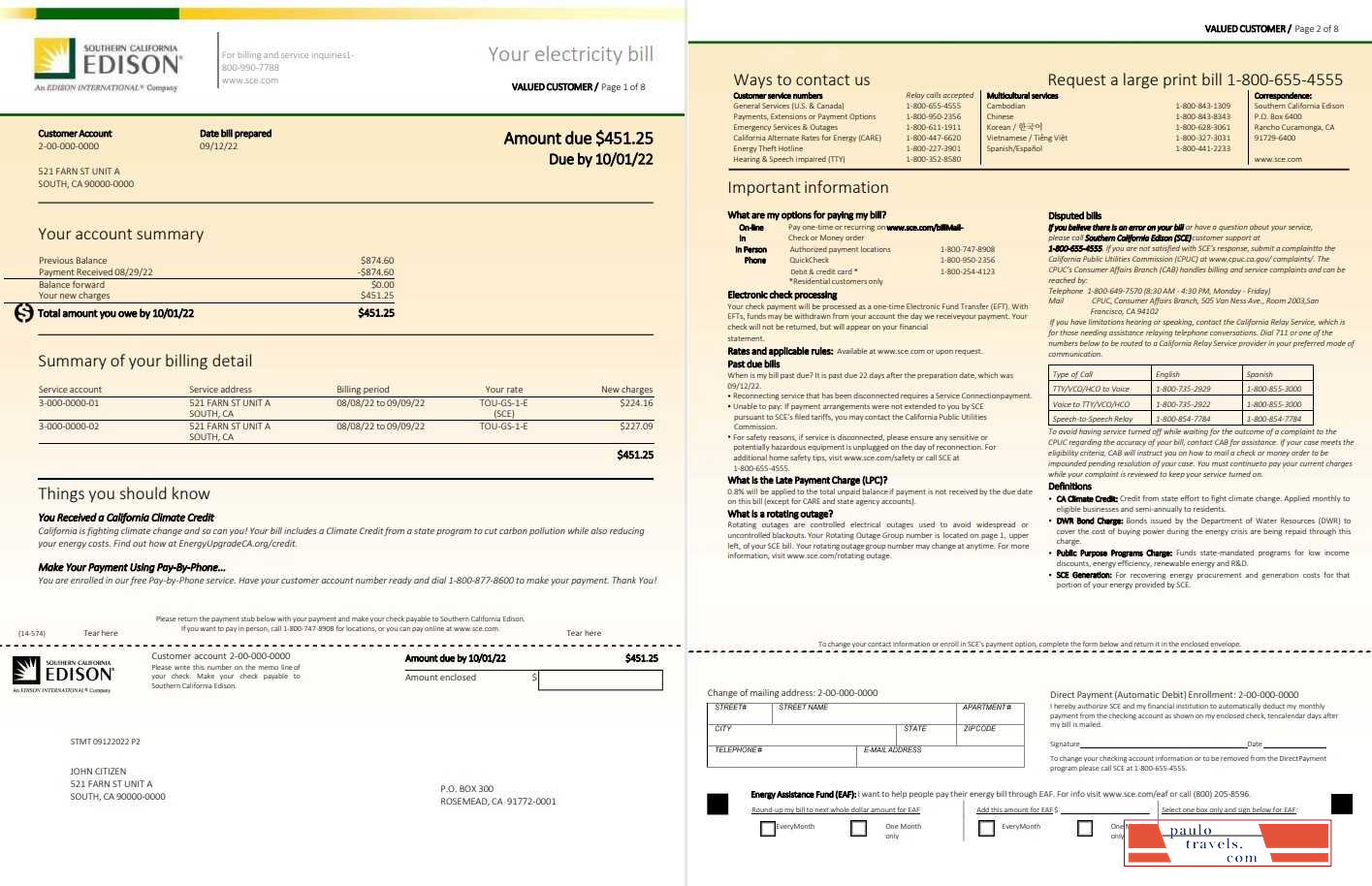 USA Southern California EDISON utility bill, Word and PDF template, 8 pages 1 2